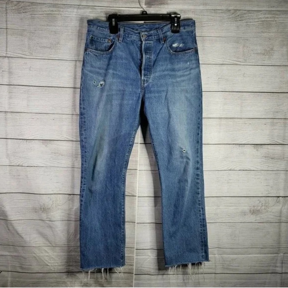 Levis Womens Blue Athens Dark Distressed 501 Straight Button Fly Jeans 32x32